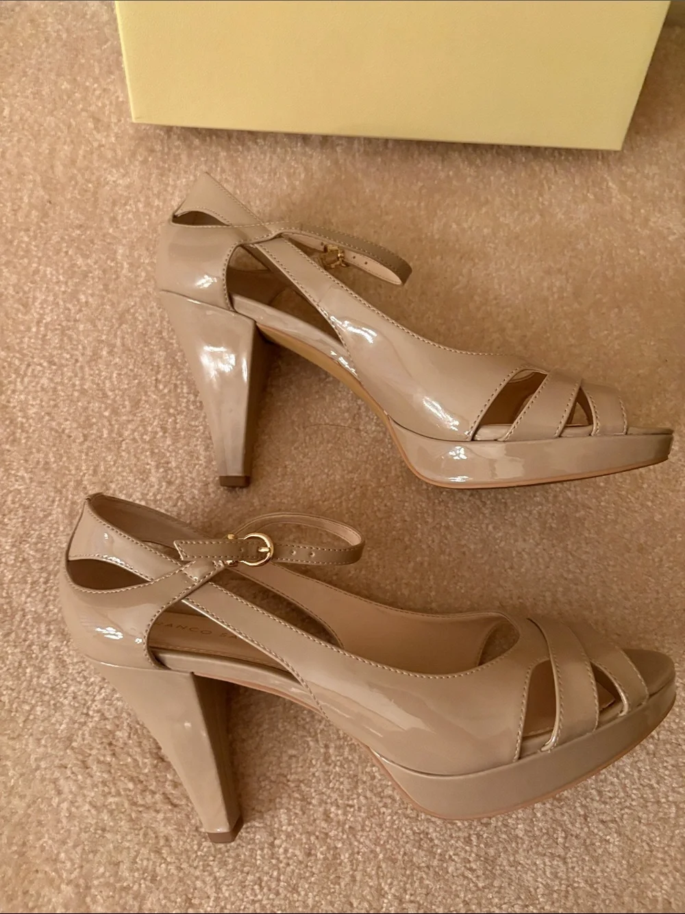 Franco Sarto Beige Patent Peep-Toe Ankle-Strap Heels